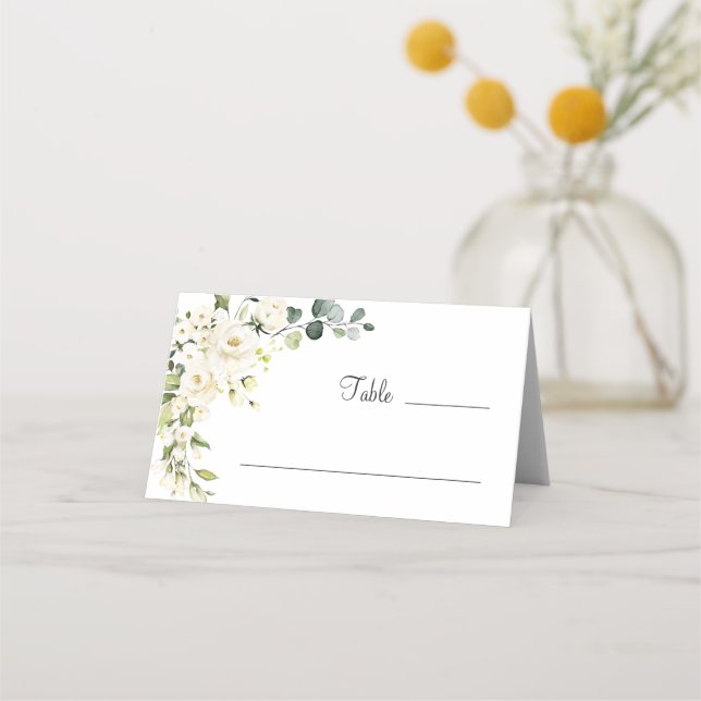 Carte De Placement Roses blanches d'ivoire Tableau Mariage de verdure (Devant)