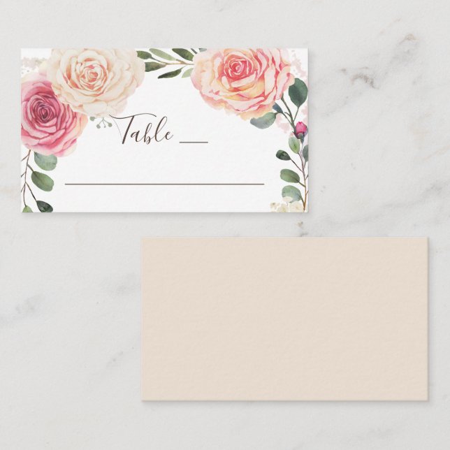 Carte De Placement Roses d'aquarelle. Mariage élégant de jardin fleur (Devant / Derrière)