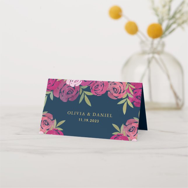 Carte De Placement Roses floraux rose et violet Feuille Mariage bleu (Devant)