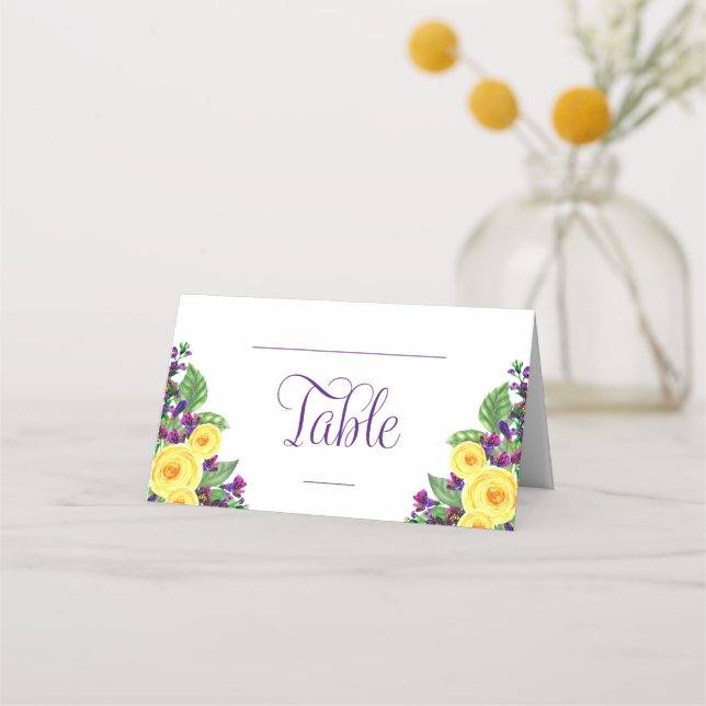 Carte De Placement Roses jaunes | Violets Boho Floral Mariage (Devant)