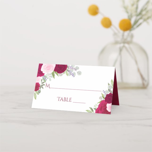 Carte De Placement Roses Magenta & Rose Élégante Mariage Écriture (Devant)