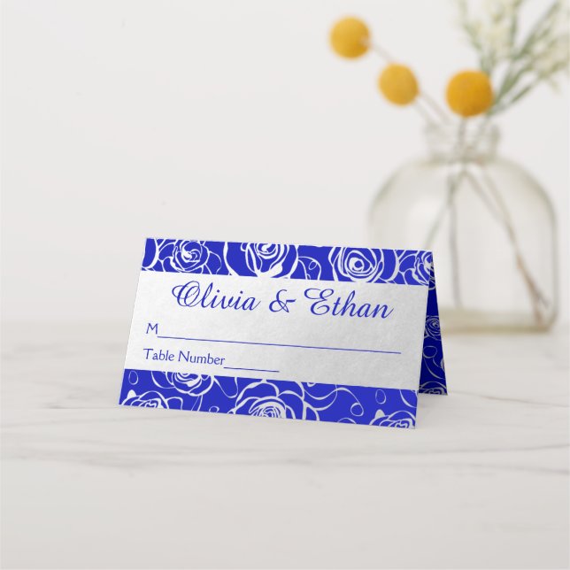 Carte De Placement Roses modernes en argent sur Royal Blue (Devant)