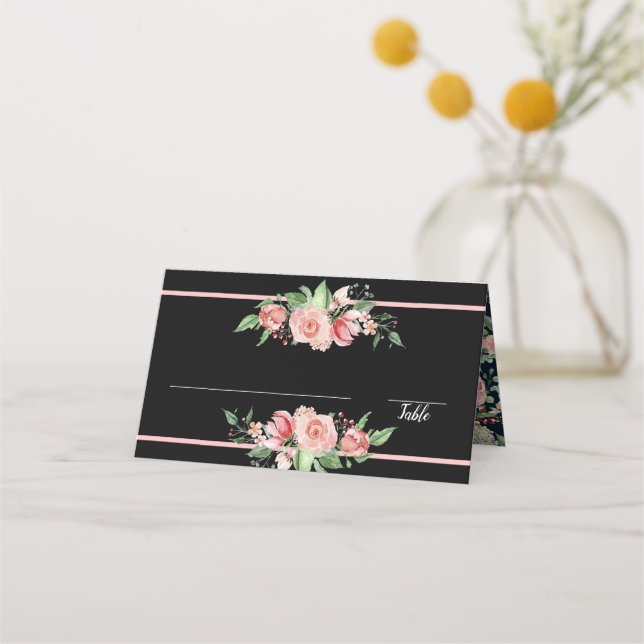 Carte De Placement Roses roses traditionnelles | Noir | Design floral (Devant)