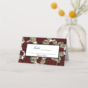 Carte De Placement Roses Rouges & Crânes Floral Noir Gothique Table B