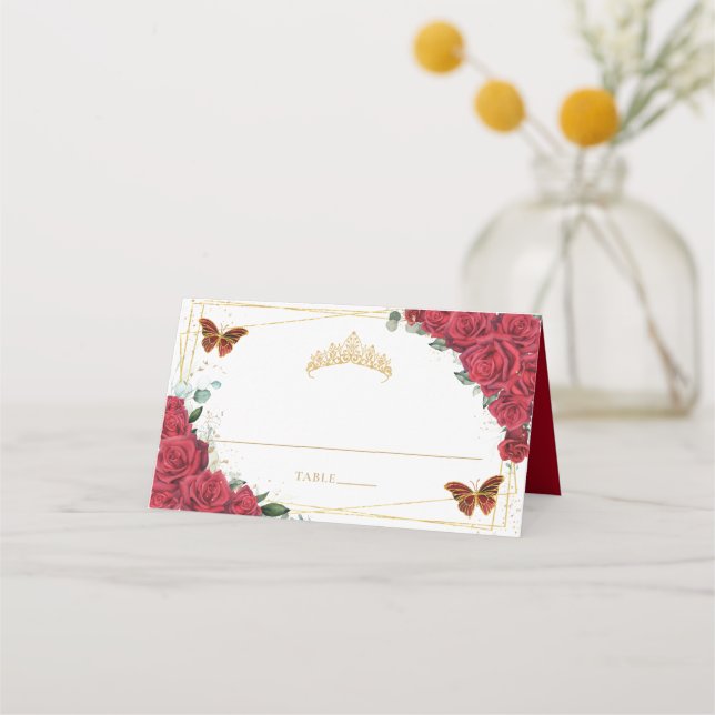 Carte De Placement Roses rouges Papillon Quinceañera Sweet 16 Anniver (Devant)