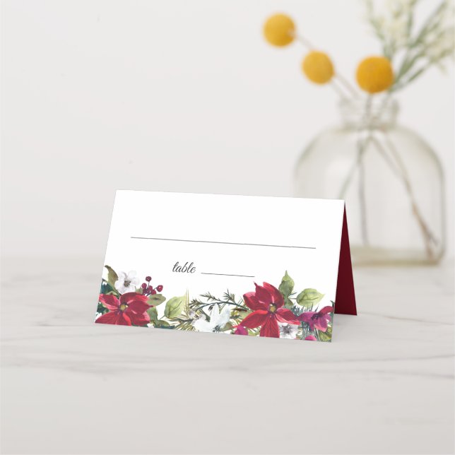 Carte De Placement Rouge Poinsettia Floral Noël Aquarelle Table (Devant)