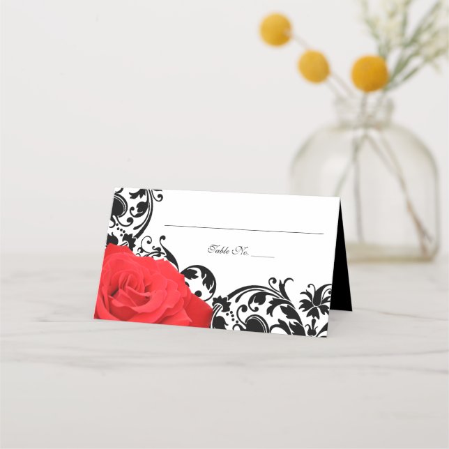 Carte De Placement Rouge Rose Noir Flourish Mariage Plié (Devant)