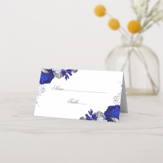 Carte De Placement royal bleu & argent fleurs botanique carte place (Devant)