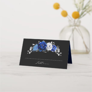 Carte De Placement Royal Bleu Blanc Métallurier Argent Floral Mariage