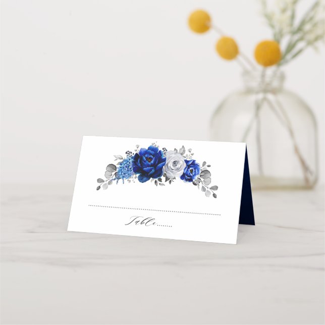 Carte De Placement Royal Bleu Blanc Métallurier Argent Mariage Floral (Devant)