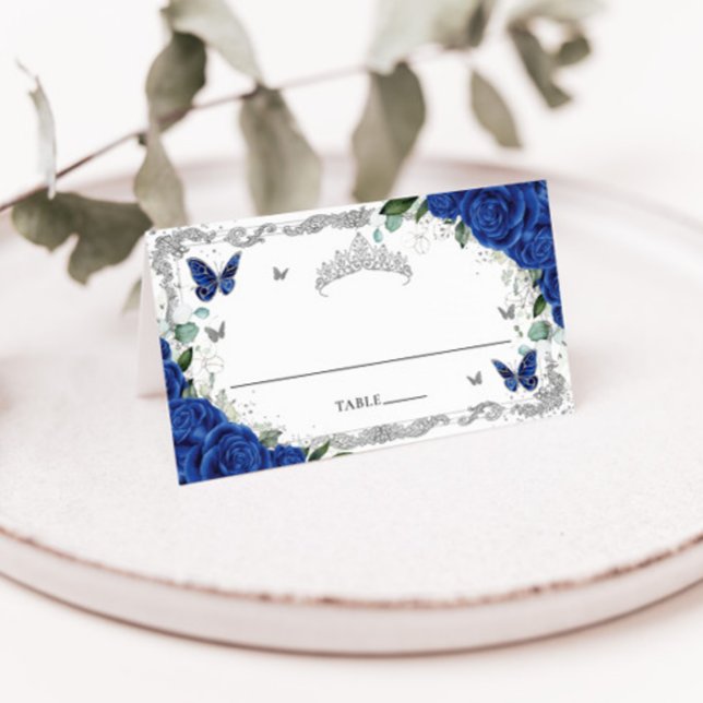 Carte De Placement Royal Blue Floral Papillons Quinceañera Sweet 16 (Créateur téléchargé)