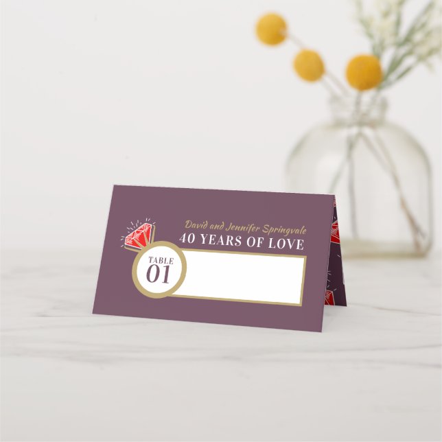 Carte De Placement Ruby 40e anniversaire mariage table rouge (Devant)