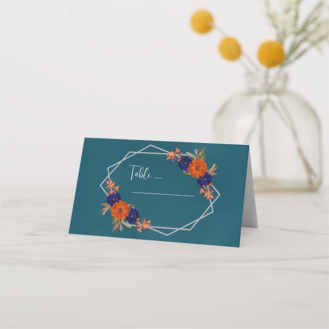 Carte De Placement Rustique Automne Orange Navy Bleu Floral Mariage (Devant)