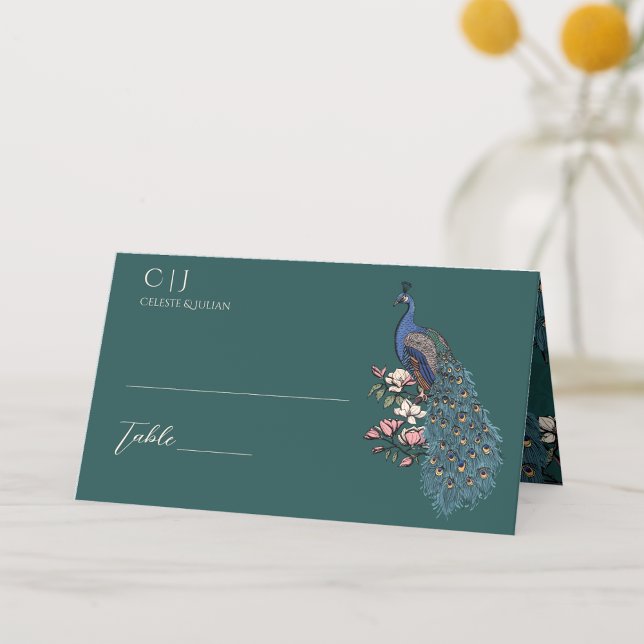 Carte De Placement Rustique Turquoise Mariage de paon (Rustic Floral Blue Teal Peacock on Magnolia Branch in Full Bloom with Flowers in Elegant Teal Green.)