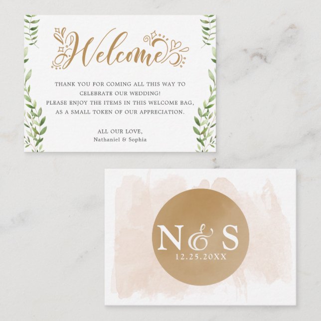 Carte De Placement Sac Cadeau de Bienvenue de Mariage avec Feuillage  (Devant / Derrière)