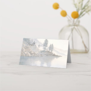 Carte De Placement Scène lacustre calme aux aquarelles bleues