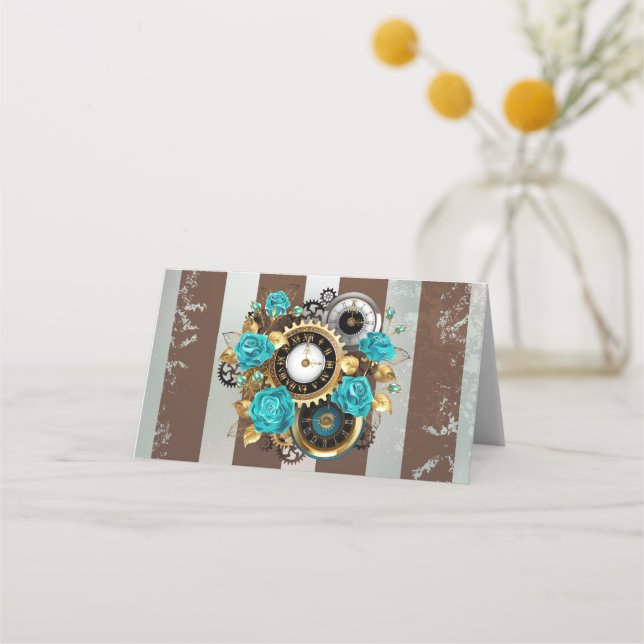 Carte De Placement Steampunk Clock and Turquoise Roses on Striped (Devant)