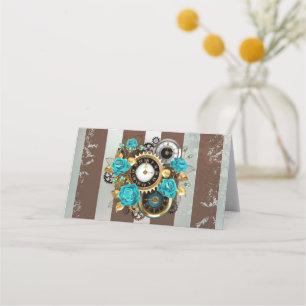 Carte De Placement Steampunk Clock and Turquoise Roses on Striped