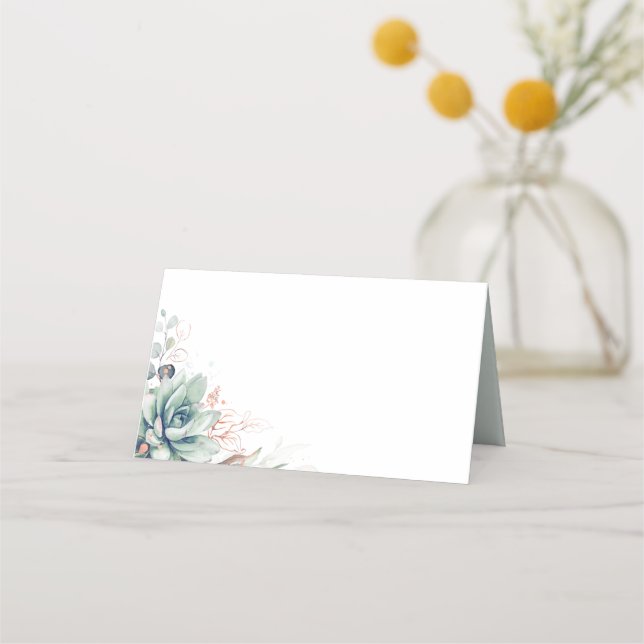 Carte De Placement Succulents Verdure Rose Or Feuille Mariage  (Devant)