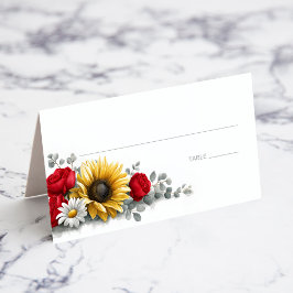 Carte De Placement Sunflower and Red Rose Floral Wedding Place Card