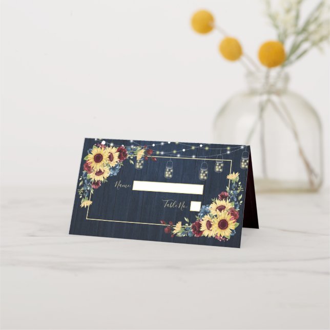 Carte De Placement Sunflower Navy Bleu Bourgogne Bois Mariage Floral (Devant)