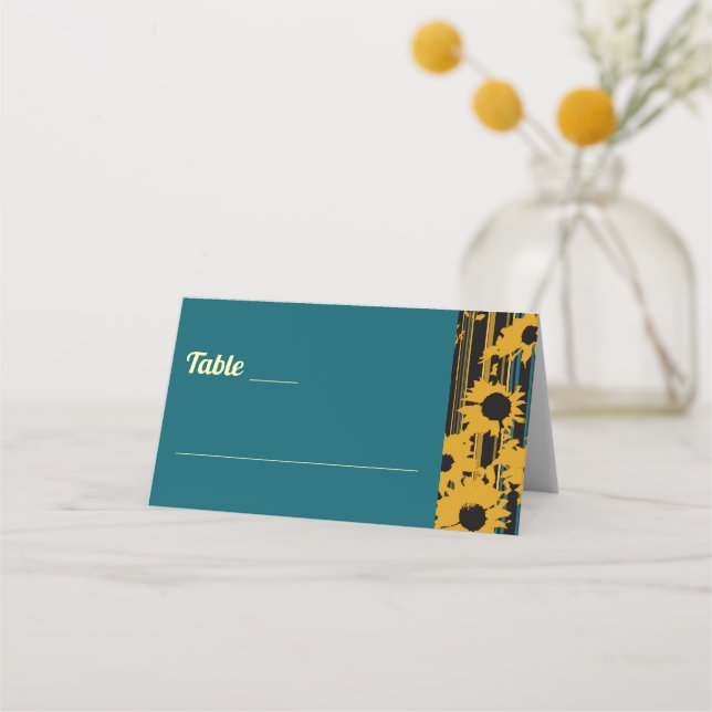 Carte De Placement Sunflower Teal Blue Gold Modern Wedding (Devant)