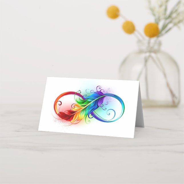 Carte De Placement Symbole d'infini avec plume arc-en-ciel (Devant)