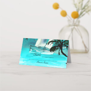 Carte De Placement Table Guirlandes Lumineuses Palmiers Voilier Aquar