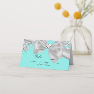 Carte De Placement Table lumineuse bleue avec grand nœud blanc et dia