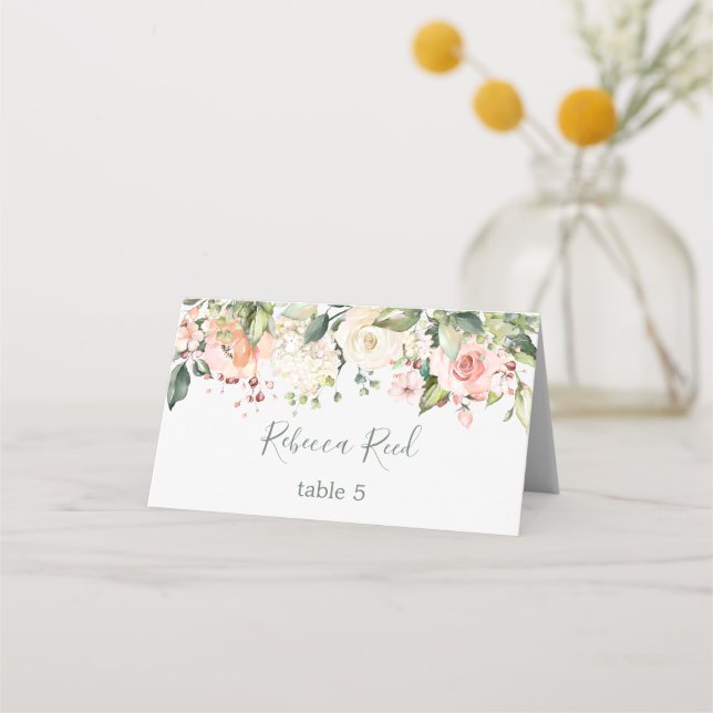 Carte De Placement Table mariage à l'aquarelle avec verdure et roses  (Devant)