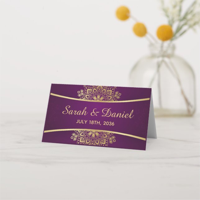 Carte De Placement Table Place Card Gold Mandala sur Mariage violet (Devant)