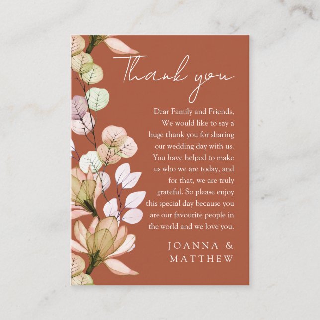 Carte De Placement Terracotta Rustic Floral Mariage de automne Merci (Devant)
