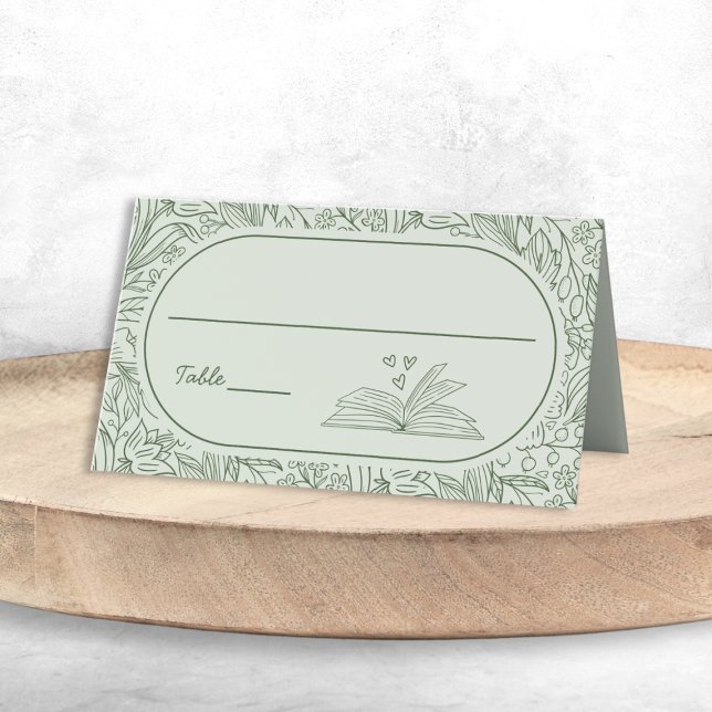 Carte De Placement Thème de livre floral vert sauge Baby Shower (Book Theme Floral Sage Green Bridal Shower Place Card)
