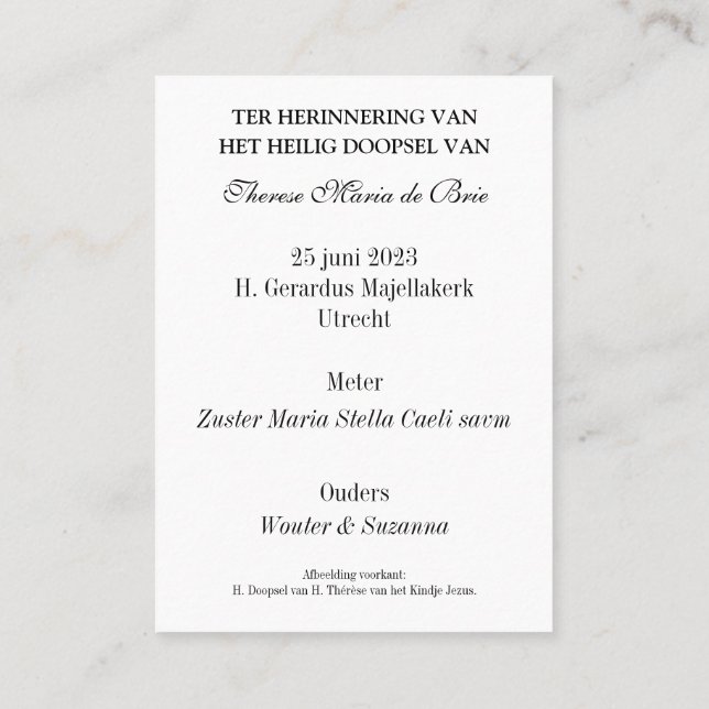 Carte De Placement Therese Maria Baptism (Dos)