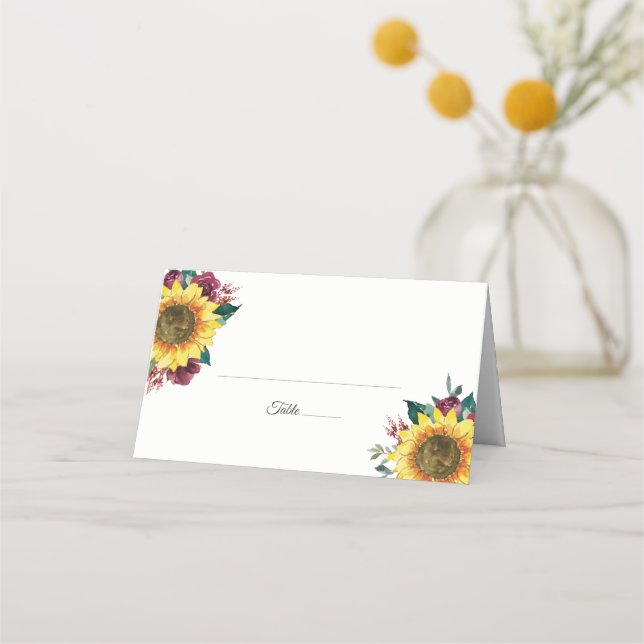 Carte De Placement Tournesol Bourgogne Rose Floral Mariage (Devant)