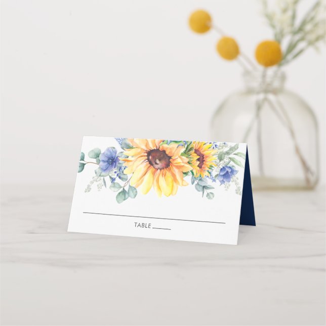 Carte De Placement Tournesol Rustique Bleu Floral Mariage Nom d'hôte (Devant)
