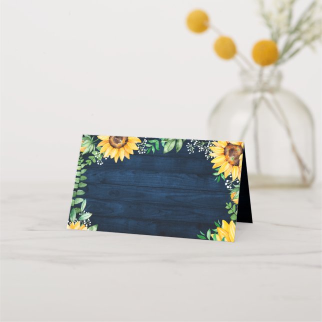 Carte De Placement Tournesols rustiques Mariage bleu marine (Devant)