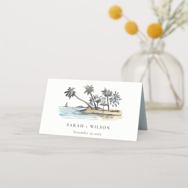 Carte De Placement Tropical Beach Palm Tree Sketch Mariage d'aquarell (Devant)