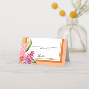 Carte De Placement Tropical Floral Coral Orange Numéro de siège de ta