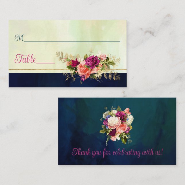 Carte De Placement Turquoise, Marine, Vert, Gold Florals Mariage (Devant / Derrière)