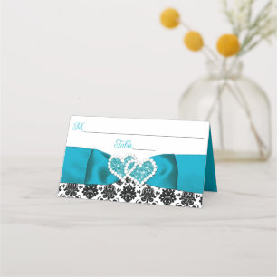 Carte De Placement Turquoise, Noir Damask Love Hearve Mariage