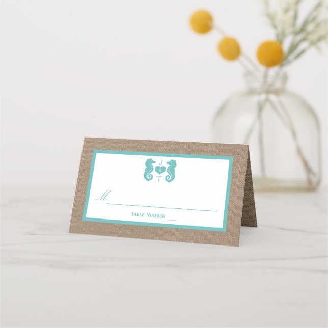 Carte De Placement Turquoise Seahorse Burlap Beach Wedding Collection (Devant)