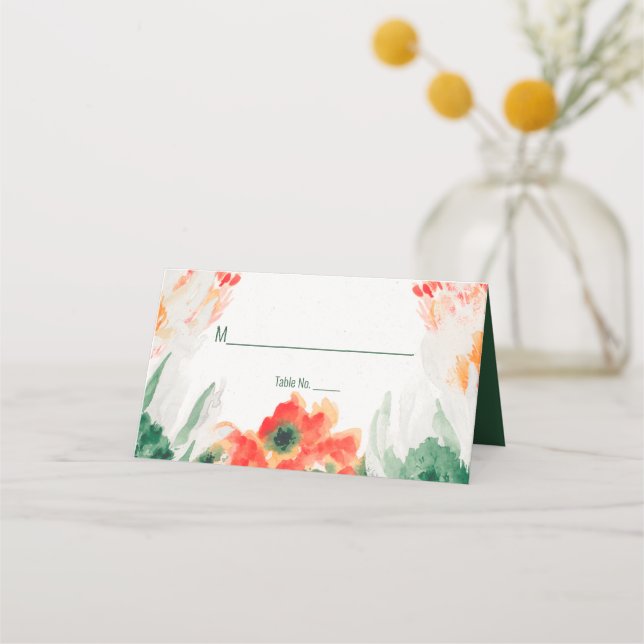 Carte De Placement Vert forêt, orange, Aquarelle blanche Floral (Devant)
