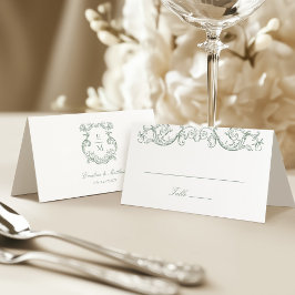 Carte De Placement Vert Sage Mariage Couronne Monogramme Baroque Vint