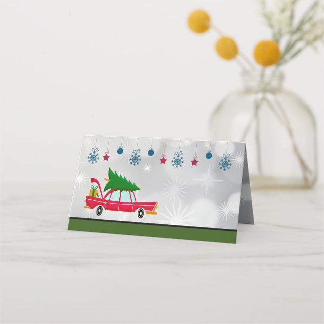 Carte De Placement Voiture rouge rétro portant un arbre de Noël (Devant)