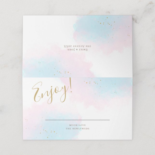 Carte De Placement Whimsical Pastel Aquarelle rose Bleu Or Mariage (Extérieur déplié)