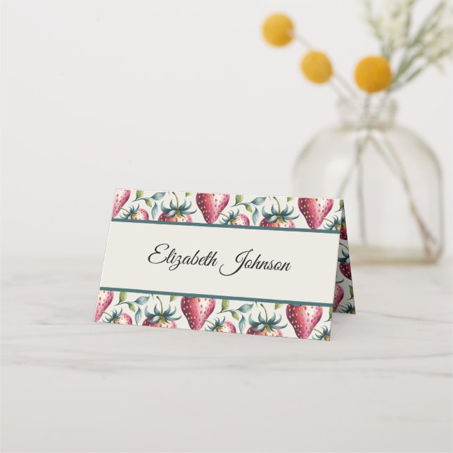 Carte De Placement Whimsical Pink Strawberry Nom de l'invité d'été (Devant)