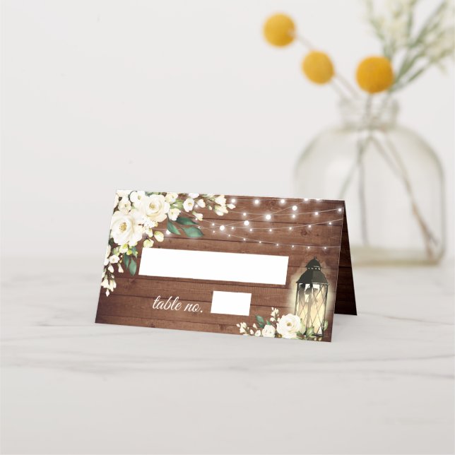 Carte De Placement Wood & White Roses Floral Greenery Wedding Table P (Devant)