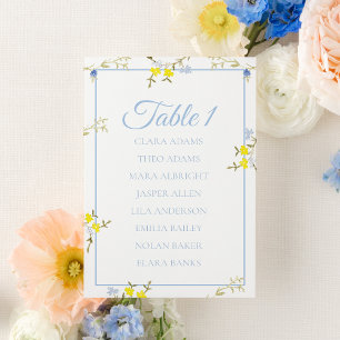 Carte de plan de table de mariage bleu et jaune fl