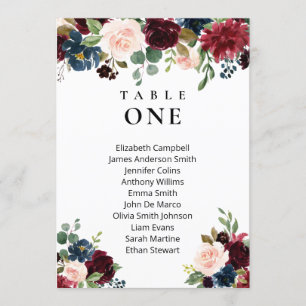 Carte de plan de table de mariage bordeaux floral 